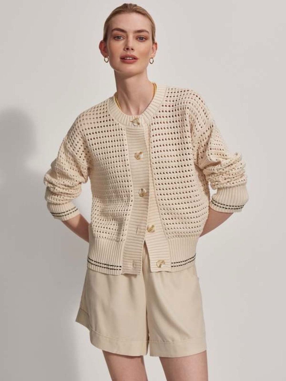 Varley Kris Relaxed Fit Cardigan in Cream 100% Cotton